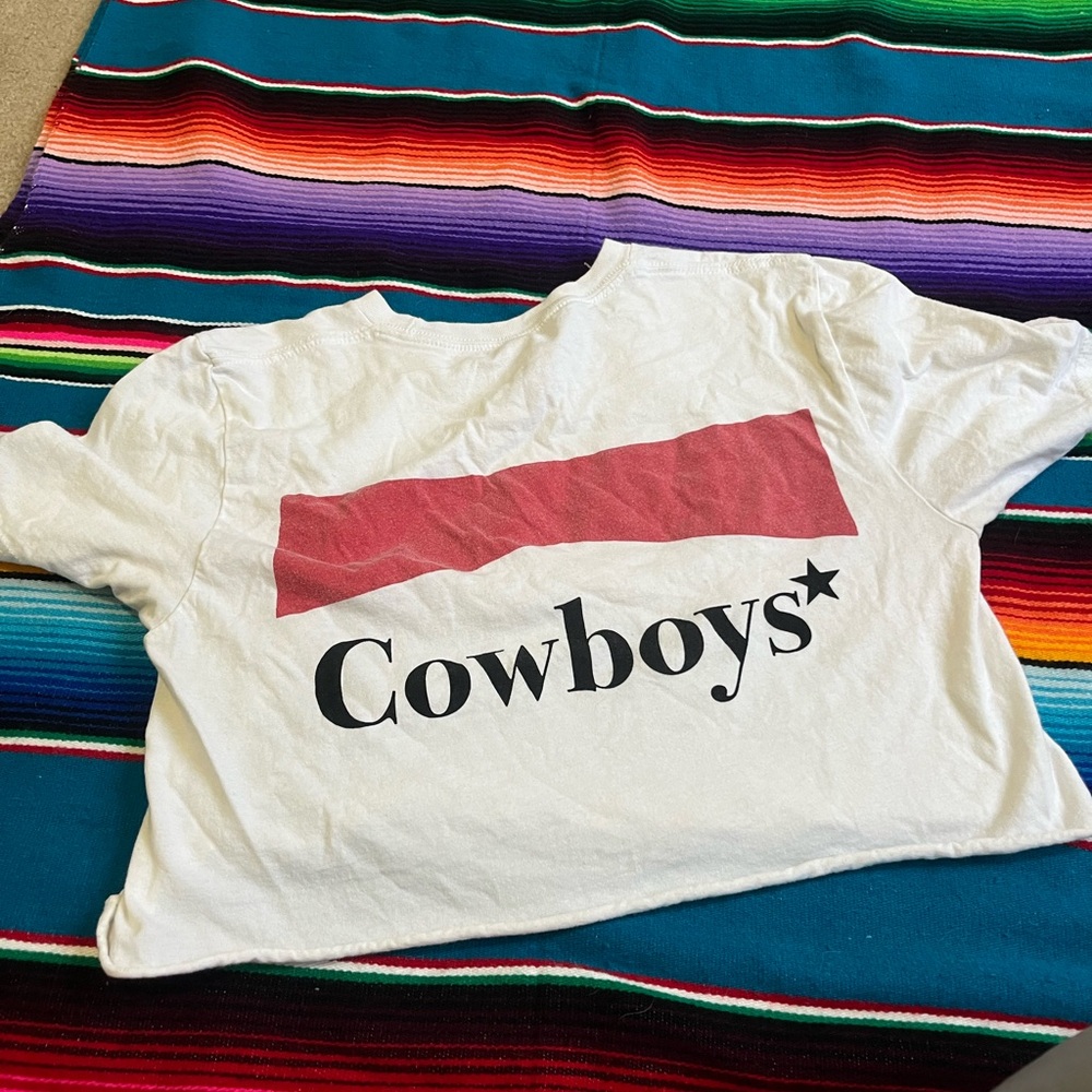 White Crop Tee with Red Graphic and Black 'Cowboys' Text